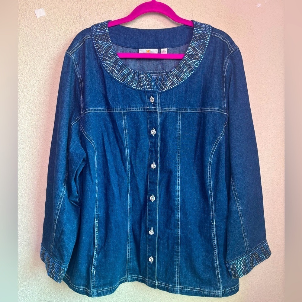 Quacker Factory Dark Blue Denim Rhinestone Embellished Button Front Jacket 3X